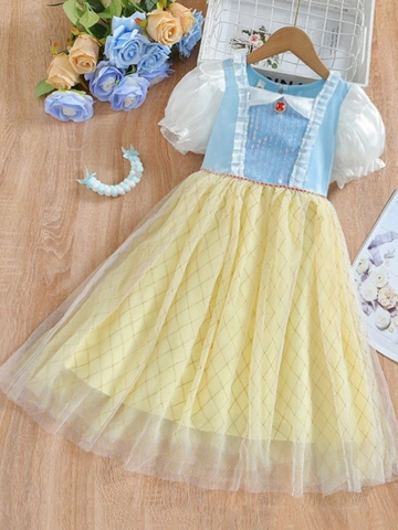 Girls Short Sleeve Princess Dress Puff Sleeve Cotton Mesh Spliced Sequin Lattice Pattern Party Celebration Costume For Kids