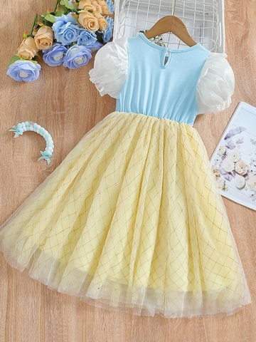 Girls Short Sleeve Princess Dress Puff Sleeve Cotton Mesh Spliced Sequin Lattice Pattern Party Celebration Costume For Kids