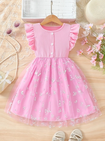 Vestito Rosa Bambina Maglia Costine Mesh Tulle Stampa Farfalla Argento Maniche Volant Festa Principessa