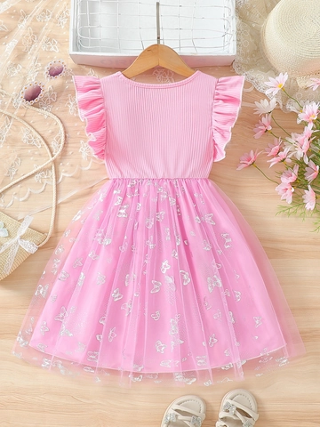 Vestito Rosa Bambina Maglia Costine Mesh Tulle Stampa Farfalla Argento Maniche Volant Festa Principessa