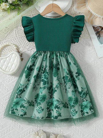 Damen Sommerkleid Dunkelgrün Strick Patchwork Blumen Netzrock Mit Schleife Flügelärmel Prinzessin Partykleid Für Kinder