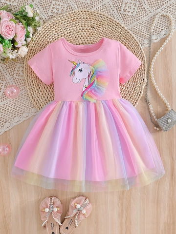 Mädchen Kurzarm Kleid Einhorn Druck Regenbogen Tüll Mesh Süßer Prinzessinnen Stil Sommer Outfit