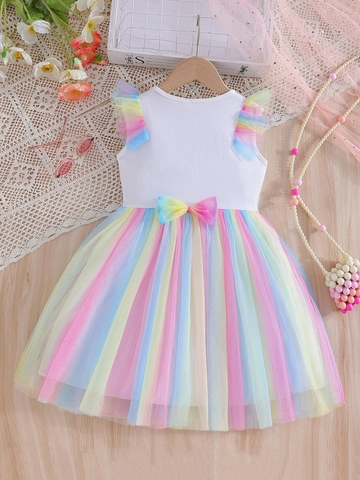 Mädchen Einhorn Regenbogen Netz Tutu Kleid Kurzarm Prinzessin Partykleider Für Kleinkinder Kinder Sommerkleidung