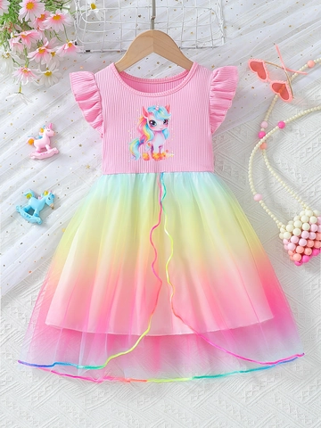 Toddler Girls Summer Flutter Sleeve Unicorn Dress Rainbow Mesh Princess Party Dress Cotton Blend Gradient Tulle Skirt