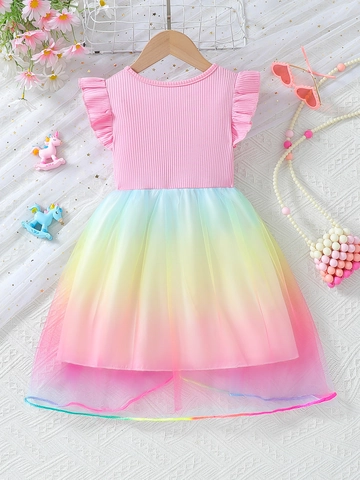 Toddler Girls Summer Flutter Sleeve Unicorn Dress Rainbow Mesh Princess Party Dress Cotton Blend Gradient Tulle Skirt