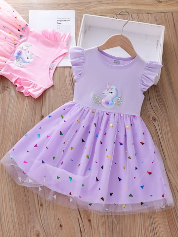 Toddler Girl Summer Short Sleeve Unicorn Mesh Princess Dress Cotton Blend Sequin Colorful Triangle Print Party Dress