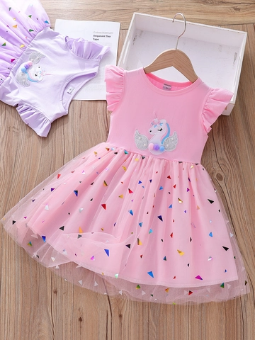 Toddler Girl Summer Short Sleeve Unicorn Mesh Princess Dress Cotton Blend Sequin Colorful Triangle Print Party Dress