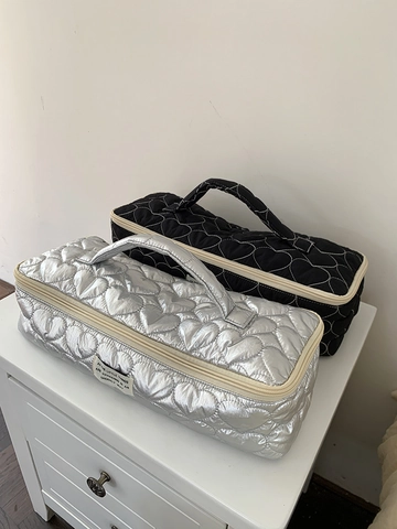 Heart Quilted Travel Makeup Bag For Women Portable Large Capacity Polyester Storage Pouch With Handle For Hair Dryer Case
