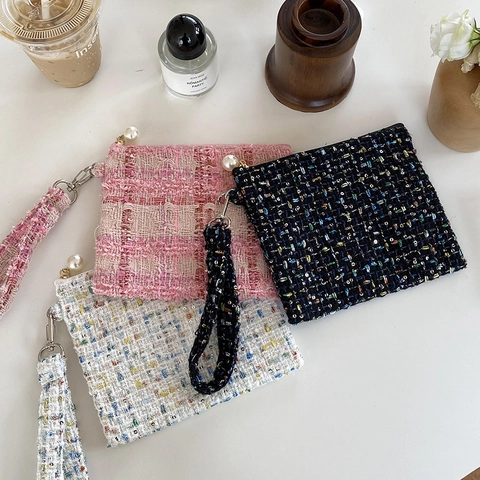 Vrouwen Vintage Elegant Tweed Make-uptas Mini Portemonnee Met Parelrits Draagbare Toilettas Opbergtas Polsband