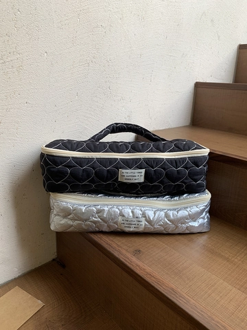 Heart Quilted Travel Makeup Bag For Women Portable Large Capacity Polyester Storage Pouch With Handle For Hair Dryer Case