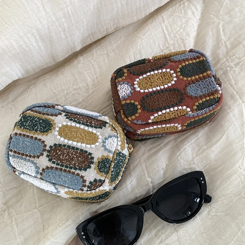 Vintage Embroidered Cotton Linen Coin Purse Mini Geometric Pattern Portable Makeup Storage Bag With Heart Metal Zipper