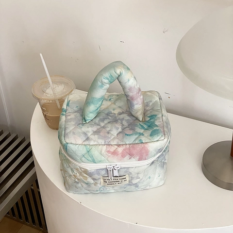 Trousse De Toilette En Coton Matelassé À Motif Fleuri Organisateur De Maquillage Portable Avec Poignée Et Fermeture Éclair Pour Femme