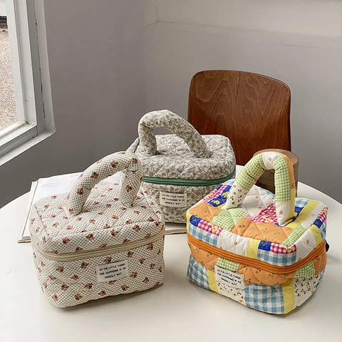 Trousse De Toilette En Coton Matelassé À Motif Fleuri Organisateur De Maquillage Portable Avec Poignée Et Fermeture Éclair Pour Femme