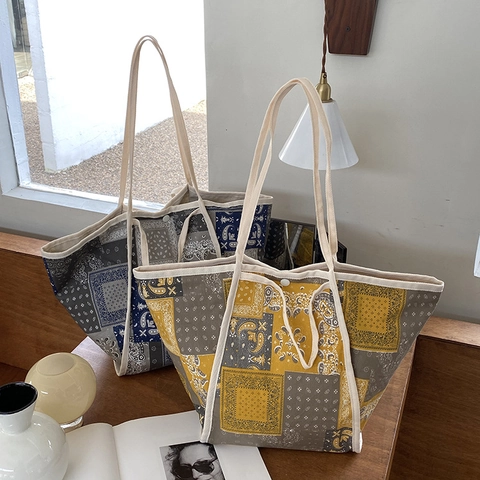Bolso Tote de Lona para Mujer Vintage Gran Capacidad Estampado Bandana Paisley Bolso de Hombro Estilo Coreano Informal Escolar