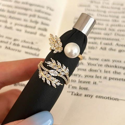 Women Open Ring Leaf Wheat Design Copper Gold Plated With Zircon And Artificial Pearl Adjustable Elegant Daily Jewelry