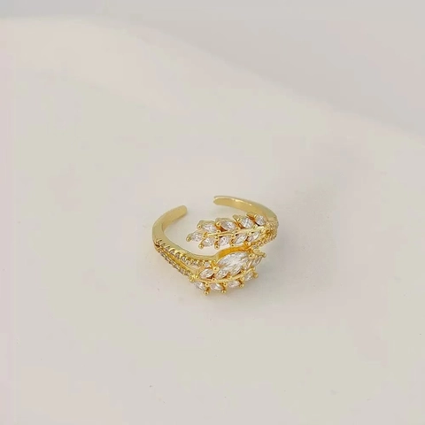 Women Open Ring Leaf Wheat Design Copper Gold Plated With Zircon And Artificial Pearl Adjustable Elegant Daily Jewelry