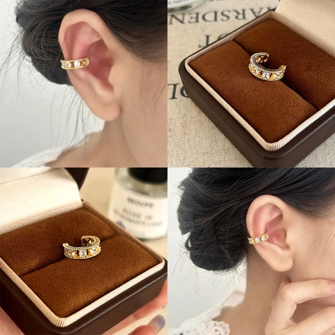Zirkonia Hohle Ohrmanschette Gold Vergoldet Kupfer Milgrain Rand Nicht Piercing Ohrring Für Frauen
