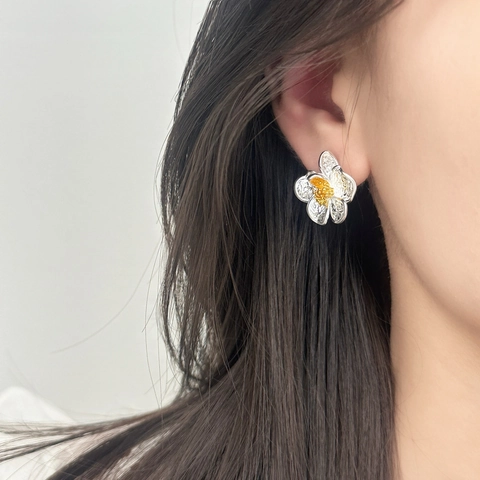 Orecchini A Lobo Fiore 925 Sterling Silver Earring Post Rame Placcato Oro 18K Texturizzato Retro Elegante Gioielli Donna