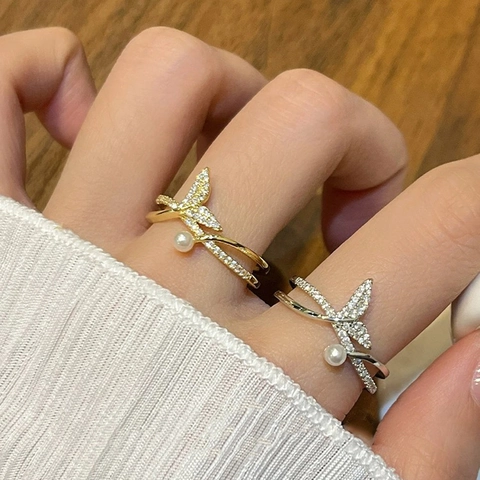 Fishtail Ring Copper Zircon Encrusted With Artificial Pearl Adjustable Open Design Elegant Sweet Jewelry For Women