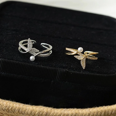 Fishtail Ring Copper Zircon Encrusted With Artificial Pearl Adjustable Open Design Elegant Sweet Jewelry For Women