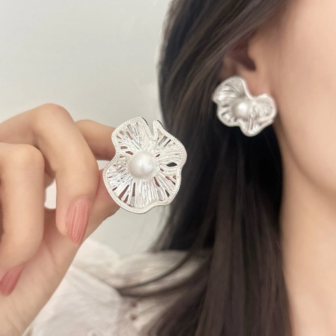 Pendientes De Flor Cobre Irregular Perla Artificial De Concha Retro Francés Joyería Con Poste De Plata De Ley 925 Para Mujer