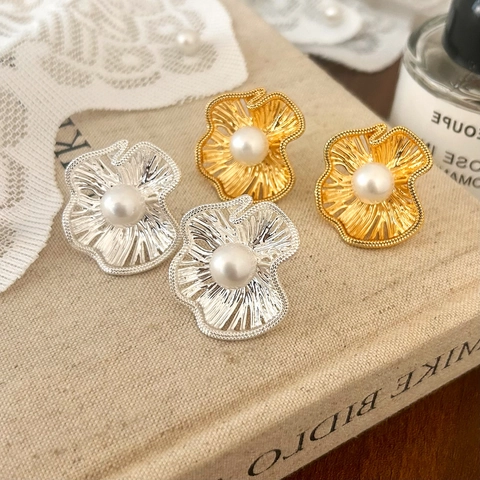 Pendientes De Flor Cobre Irregular Perla Artificial De Concha Retro Francés Joyería Con Poste De Plata De Ley 925 Para Mujer