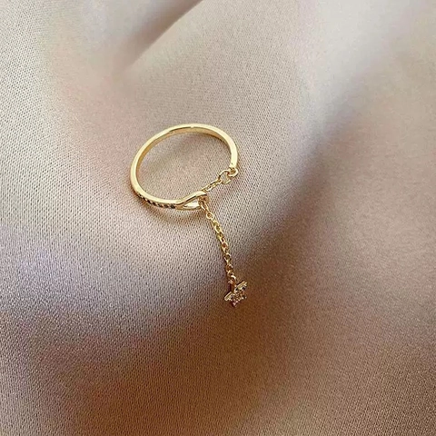 Star Pendant Chain Adjustable Ring Gold Plated Copper Shimmering Zircon Inlaid Minimalist Fashion Jewelry For Women