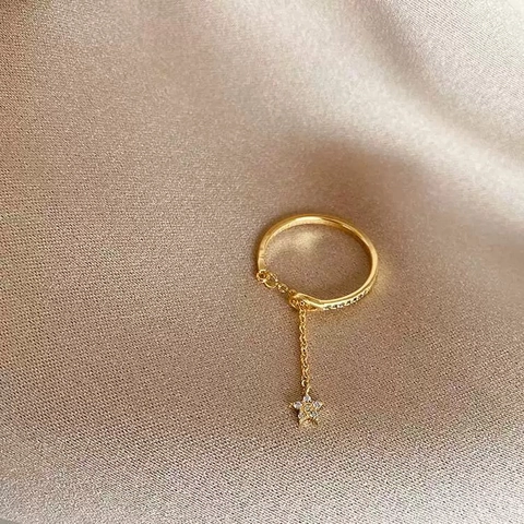 Star Pendant Chain Adjustable Ring Gold Plated Copper Shimmering Zircon Inlaid Minimalist Fashion Jewelry For Women