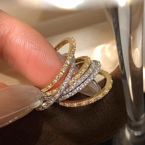 Elegant Artificial Pearl Open Ring Dainty Copper Adjustable Band With Zircon French Retro Jewelry For Women