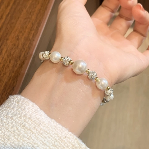 Bracciale Künstliche Perle Lusso Francese Rame Imitazione Perla Artificial Pavé Strass Sfera Shambhala Regolabile Bolo Chiusura Scorrevole Donna