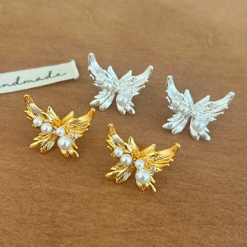 Butterfly Wing Stud Earrings Gold Plated Alloy With Faux Artificial Pearls And Sparkling Rhinestones Elegant Jewelry For Women