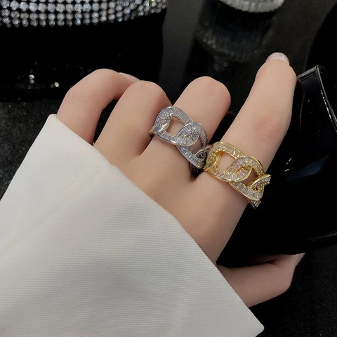Hollow Chain Link Open Ring Copper 18K Gold Plated Full Zircon Retro Light Luxury Elegant Fashion Adjustable For Women