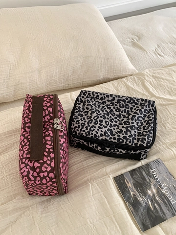 Borsa da Trucco Leopardata di Grande Capacità PVC Impermeabile Organizzatore da Viaggio Beauty Case Portatile con Cerniera Donna