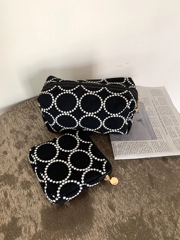 Bestickte Kosmetiktasche Baumwolle Leinen Große Kapazität Tragbarer Make-Up Organizer Retro Kreismuster Reise Aufbewahrung