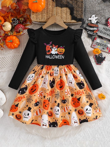 Peuter Meisjes Halloween Jurk Met Lange Mouwen Cartoon Pompoen Geest Print Ribkatoen Ruches Feestelijke Outfit