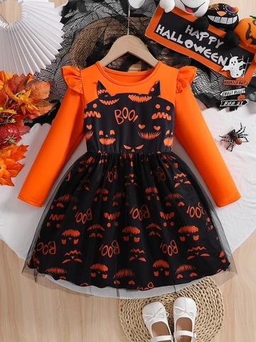 Girls Halloween Dress Pumpkin Print Patchwork Mesh Tutu Long Sleeve Flutter Shoulder Orange Black Holiday Party Outfit