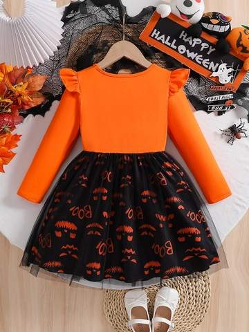 Girls Halloween Dress Pumpkin Print Patchwork Mesh Tutu Long Sleeve Flutter Shoulder Orange Black Holiday Party Outfit