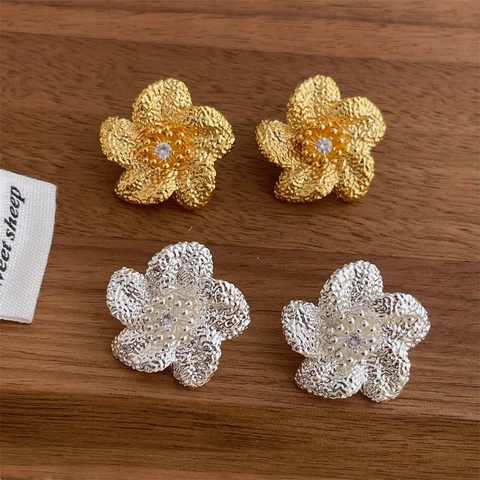 Pendientes De Botón De Flor Vintage Franceses Con Circonita Cobre Martillado Y Poste De Plata De Ley 925 Para Mujer