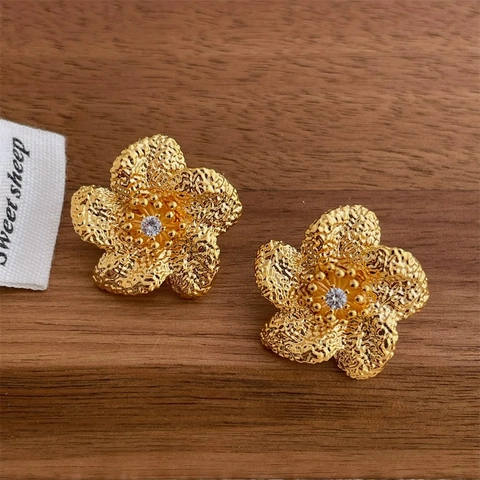 Pendientes De Botón De Flor Vintage Franceses Con Circonita Cobre Martillado Y Poste De Plata De Ley 925 Para Mujer