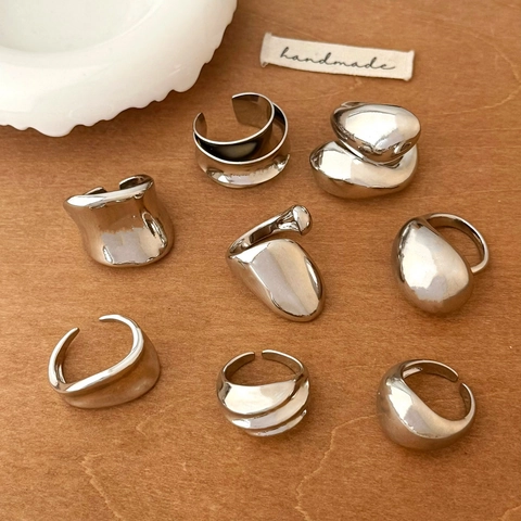 Anello Aperto In Metallo Liquido Irregolare Rame Placcato Argento Lucidato A Specchio Gioielli Geometrici Regolabili Minimalisti