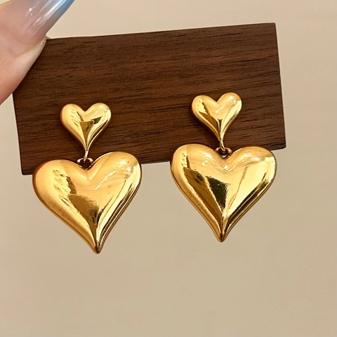 18K Gold Plated 3D Double Heart Dangle Earrings With 925 Sterling Silver Earring Post For Women Elegant Jewelry