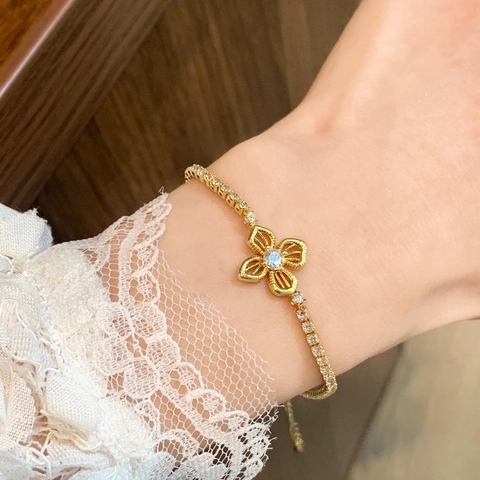 Bracciale In Rame Zircone Fiore Cavo Trifoglio Design Catena Regolabile Donna Elegante Gioielli Minimalisti