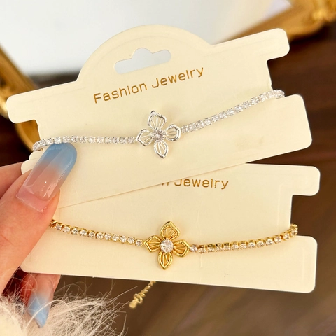 Bracciale In Rame Zircone Fiore Cavo Trifoglio Design Catena Regolabile Donna Elegante Gioielli Minimalisti