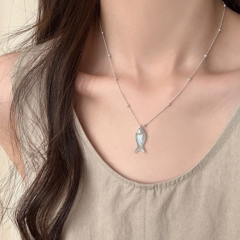Fish Pendant Necklace Copper Silver Plated Mother Of Artificial Pearl Inlay Zircon Niche Minimalist Summer Beach Clavicle Chain Women