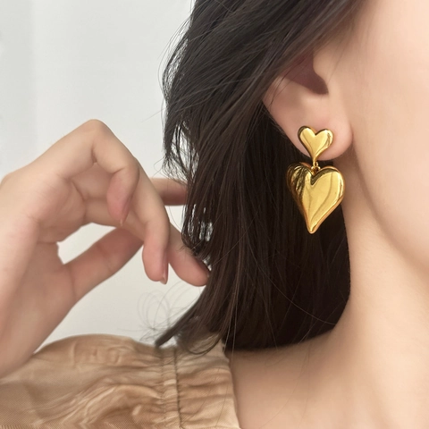 18K Gold Plated 3D Double Heart Dangle Earrings With 925 Sterling Silver Earring Post For Women Elegant Jewelry