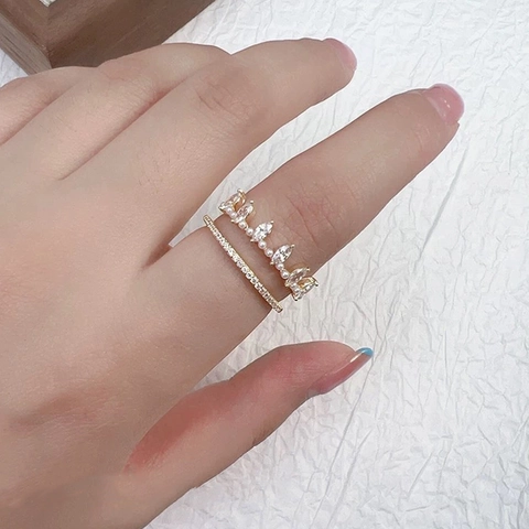 Anello A Corona Rame Doppio Strato Taglio Marquise Zircone Perla Artificial Di Conchiglia Regolabile Aperto Gioielli Di Moda Per Donne Elegante