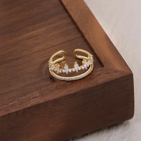 Anello A Corona Rame Doppio Strato Taglio Marquise Zircone Perla Artificial Di Conchiglia Regolabile Aperto Gioielli Di Moda Per Donne Elegante