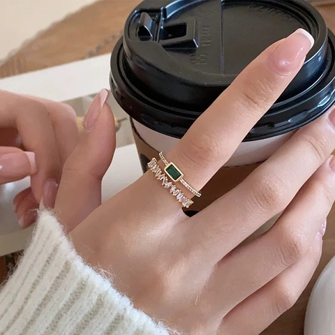 Double Layer Open Adjustable Ring Copper Gold Plated Emerald Cut Green Zircon Rectangular White Baguette Stones Women Jewelry