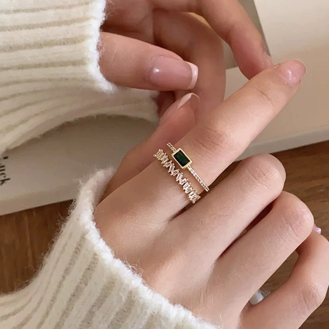 Double Layer Open Adjustable Ring Copper Gold Plated Emerald Cut Green Zircon Rectangular White Baguette Stones Women Jewelry