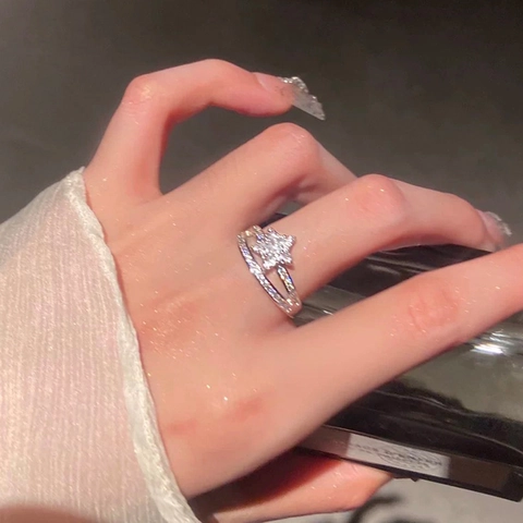 Star Open Ring Copper With Zircon Layered Hollow Adjustable Elegant Jewelry For Women